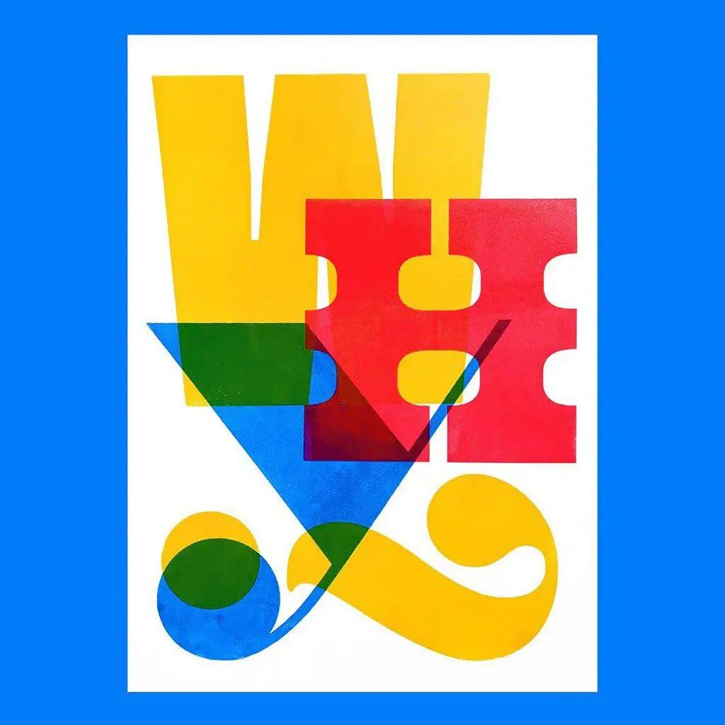 Colorful letterpress wood type poster on the proofing wall