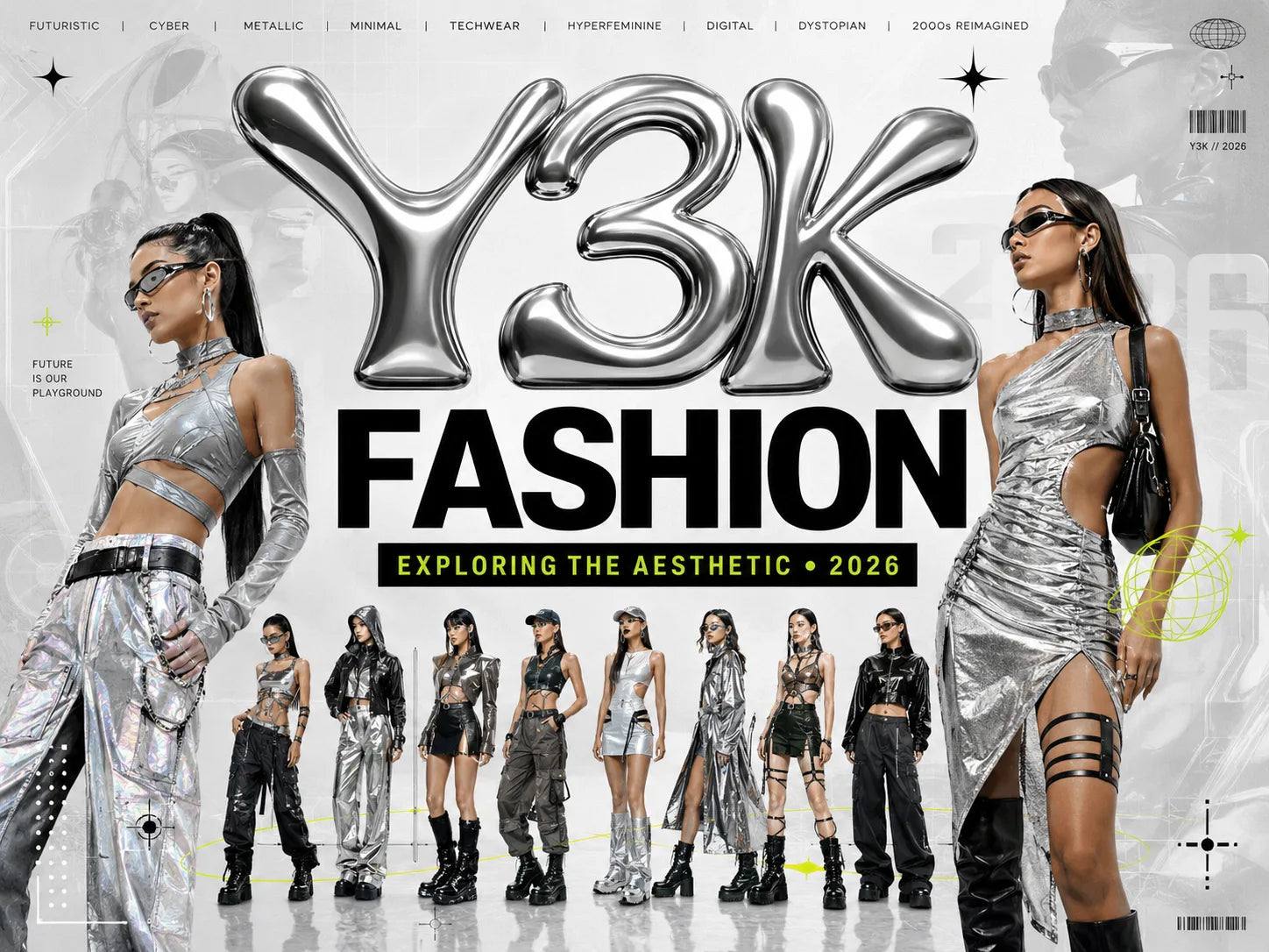 Models in metallic Y3K outfits under chrome balloon letters