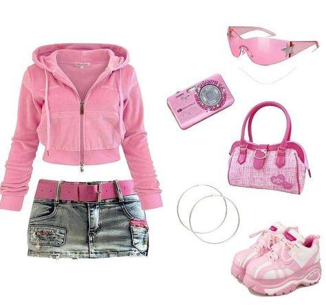 Pink Y2K flatlay with velour hoodie, denim mini skirt and digicam