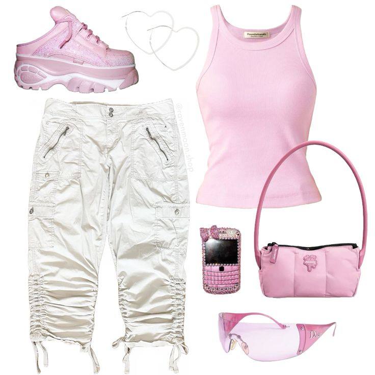 Pink and white Y2K flatlay with bedazzled flip phone and baguette bag