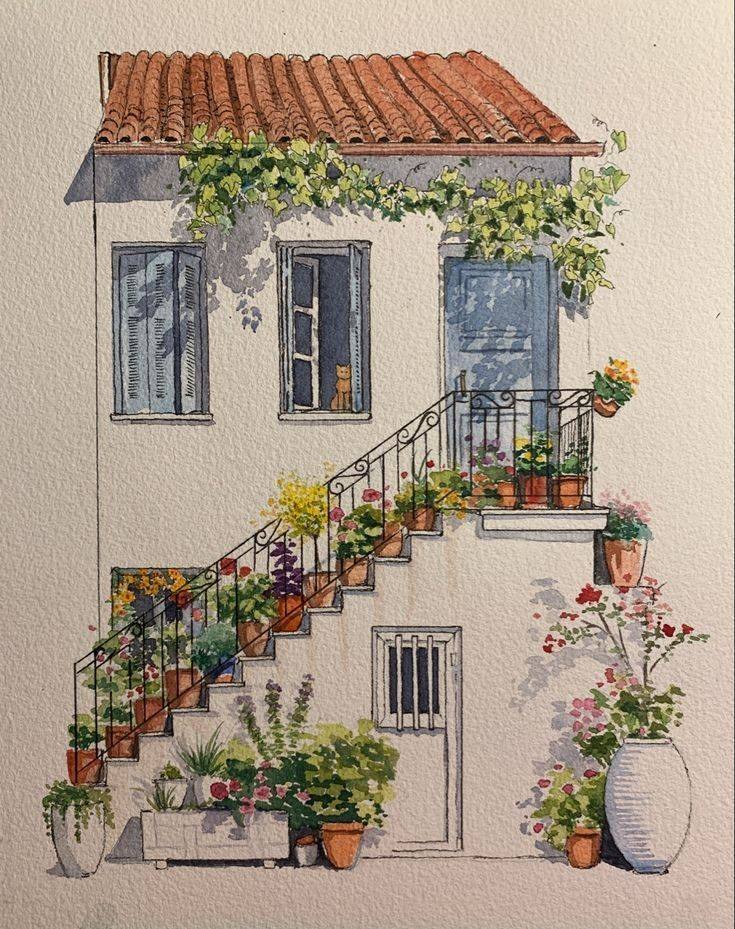 Watercolor sketch of a lakeside cabin