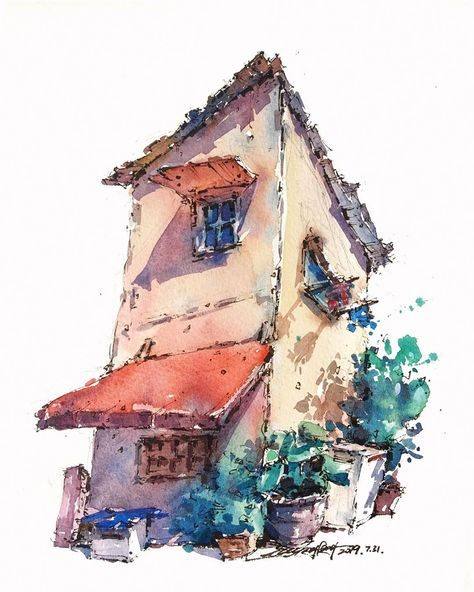 Sketch of a painter's studio with curved wall