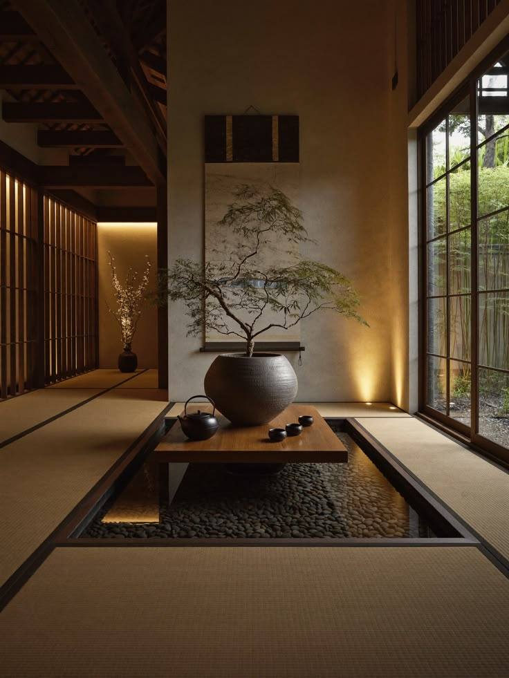 A serene Japanese tea room with tatami mats, a low table and a tea set