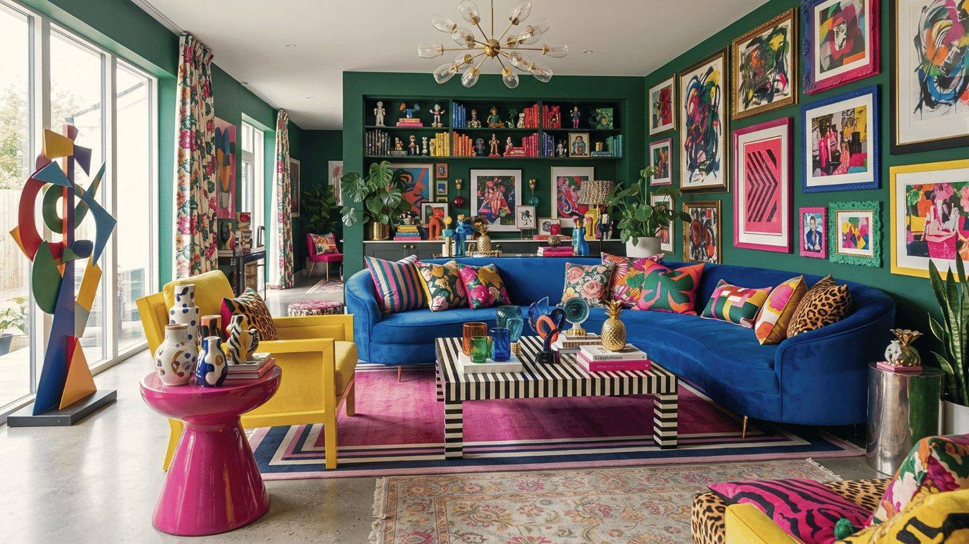 Maximalist living room, green walls, blue velvet sofa, gallery wall