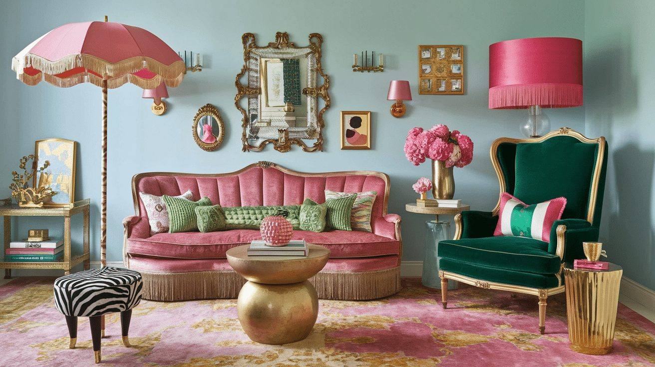 Pink and green maximalist salon with layered patterns