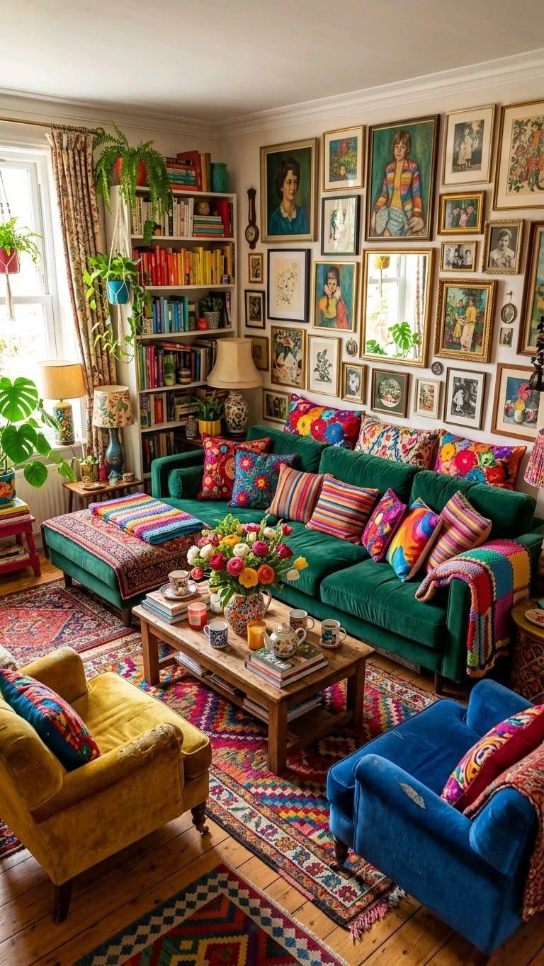 Colorful maximalist living room for Neon District