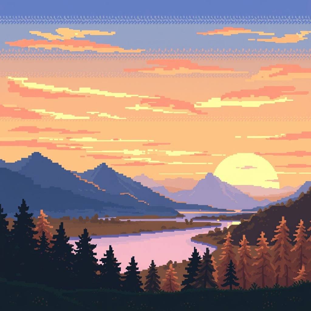 Duskfall Valley marquee art: pixel sunset over mountains and lake