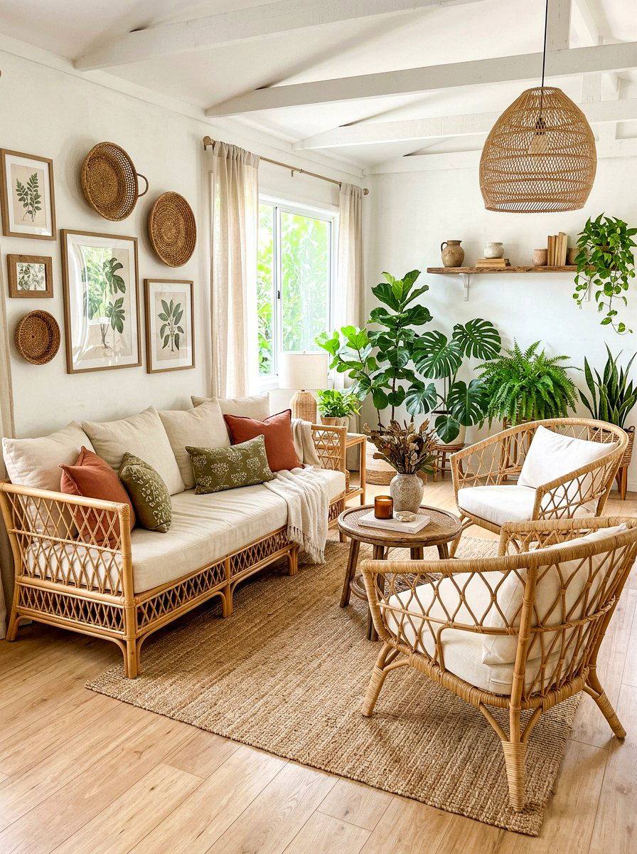 Rattan bohemian living room with layered textiles, plants and terracotta cushions