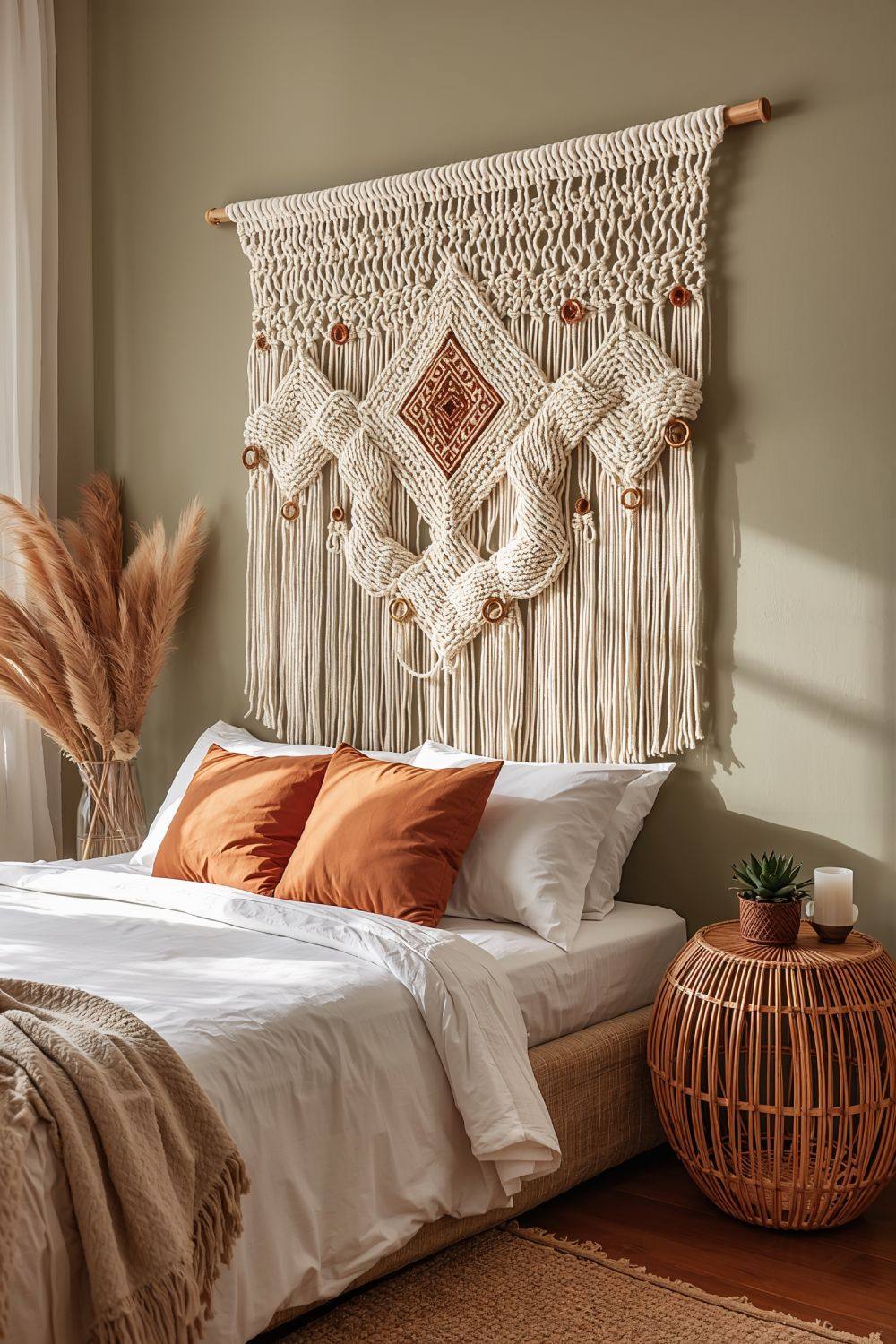 Bohemian bedroom with a macrame wall hanging and rattan side table