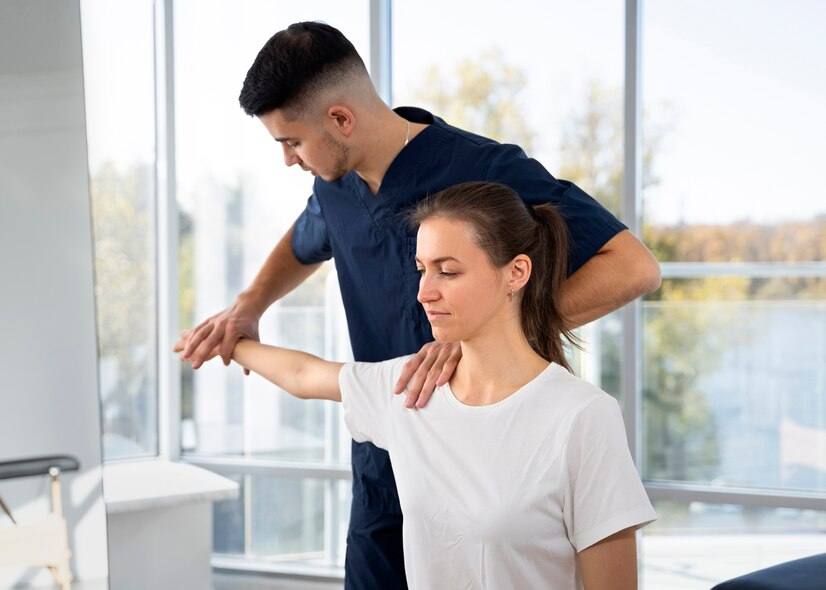 A physiotherapist guiding a patient's shoulder movement