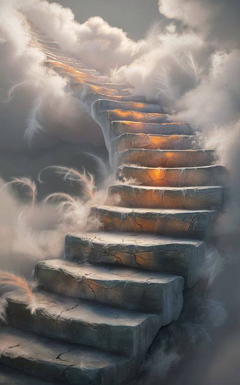 Ancient stone stairway dissolving into mist