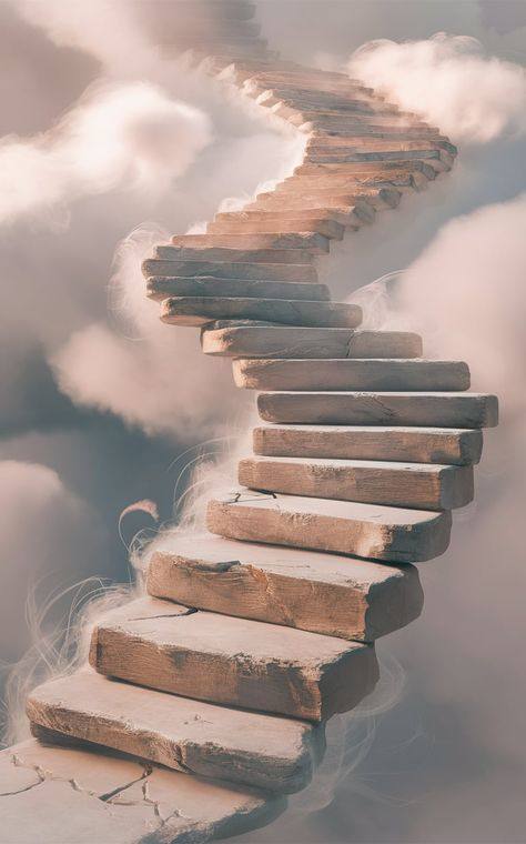 Wooden stairway floating among the clouds