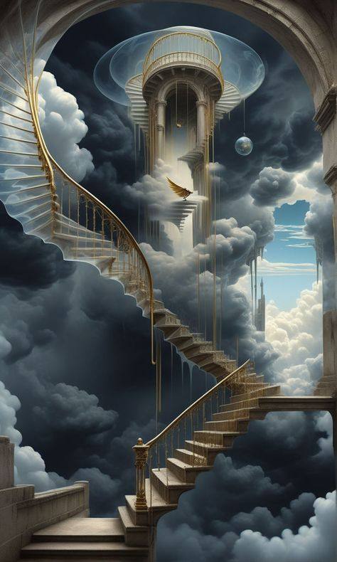 Impossible spiral staircase rising through storm clouds
